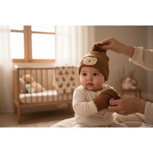 Newborn Brown Knit Pom-Pom Hat & Mittens Set With Bear Patch